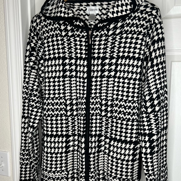 Chico’s  Sz 3 (16-18)  Women’s Jacket Hoodie Zipper Black/White Cotton/Silk - Picture 3 of 6